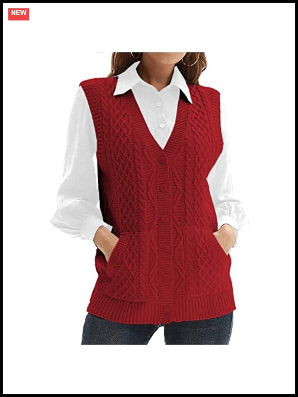 Womens Cable Knit Sweater Vest V Neck Button Down Sleeveless Cardigan Pocket